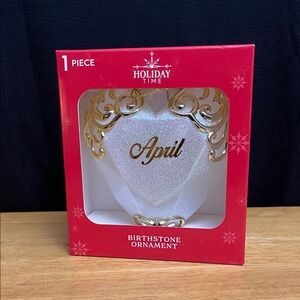 Birthstone April Ornament - White glitter and Gold.